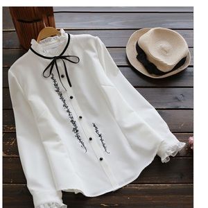 FRILL DETAIL TIE NECK VINE EMBROIDERED BLOUSE